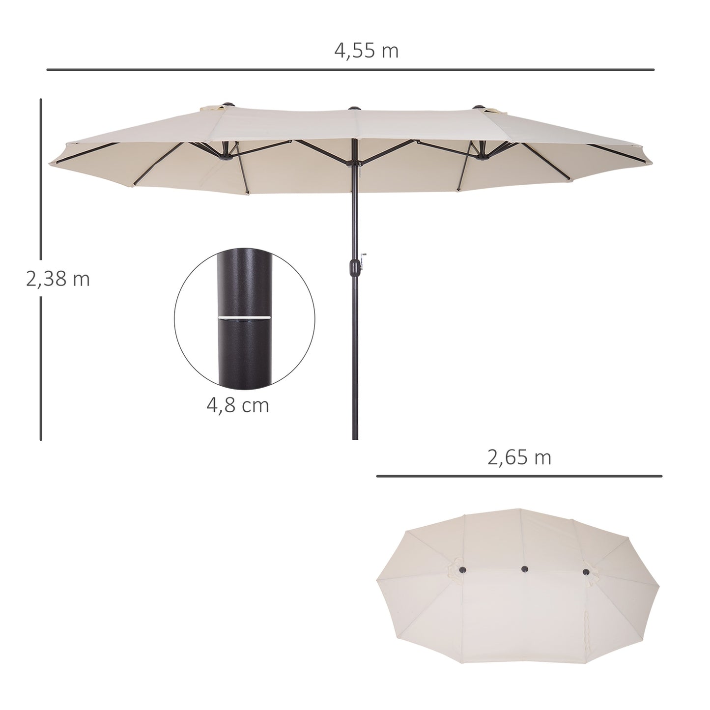 Beige Oval Double Garden Parasol with Hand Crank, 455x270 cm