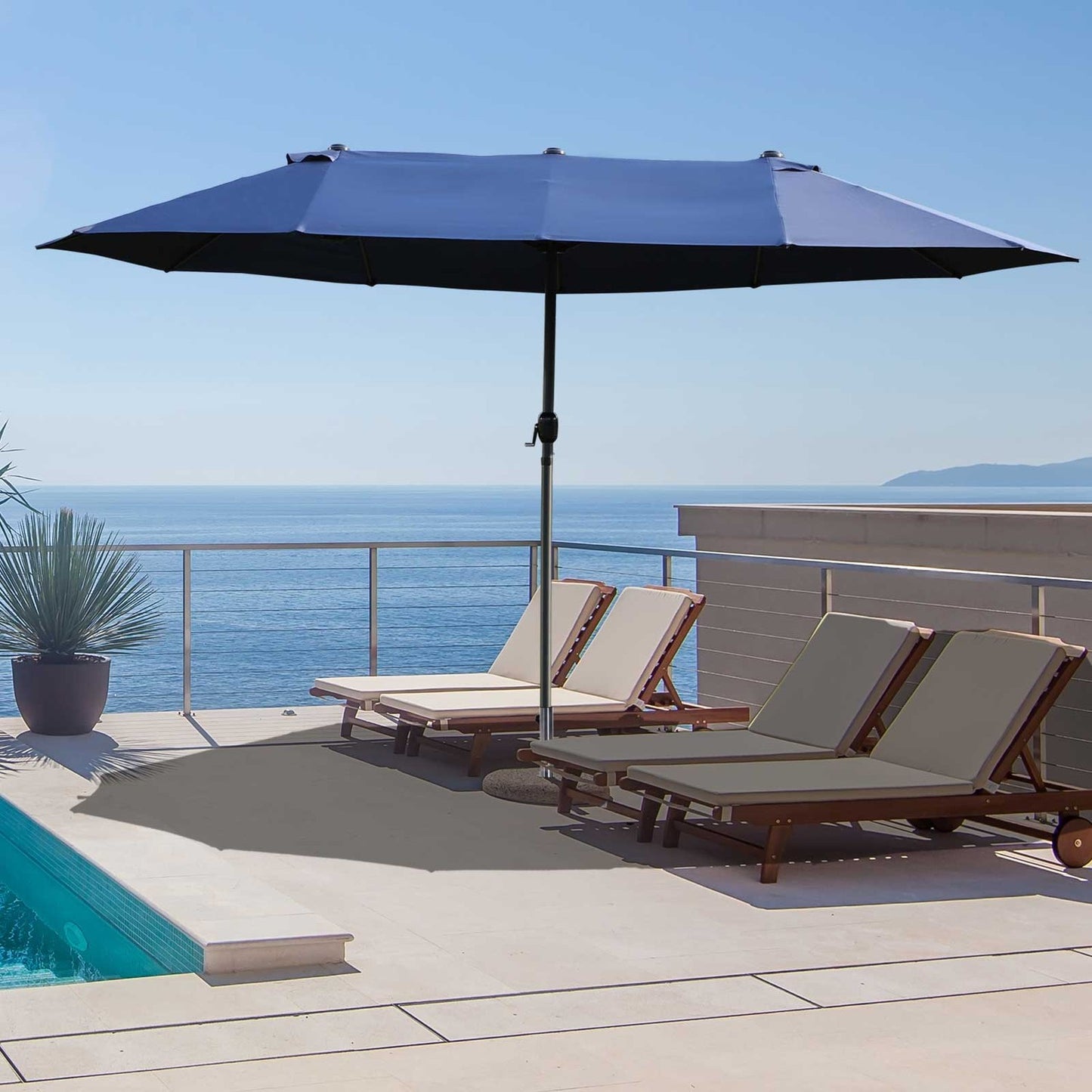 Blue Oval Garden Parasol - Double market umbrella with crank