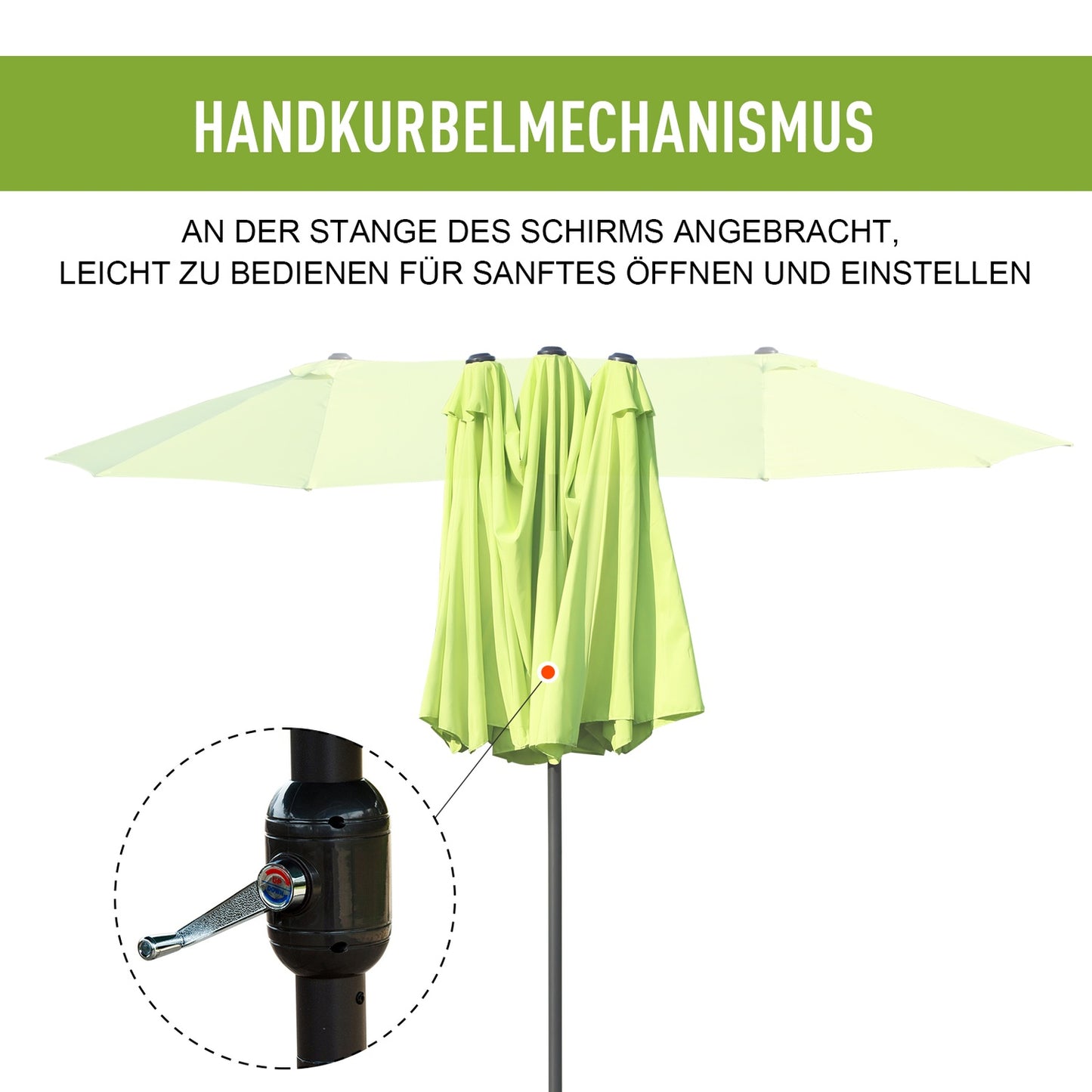 Green Double Parasol Garden Umbrella, Hand Crank, Oval 460x270 Cm