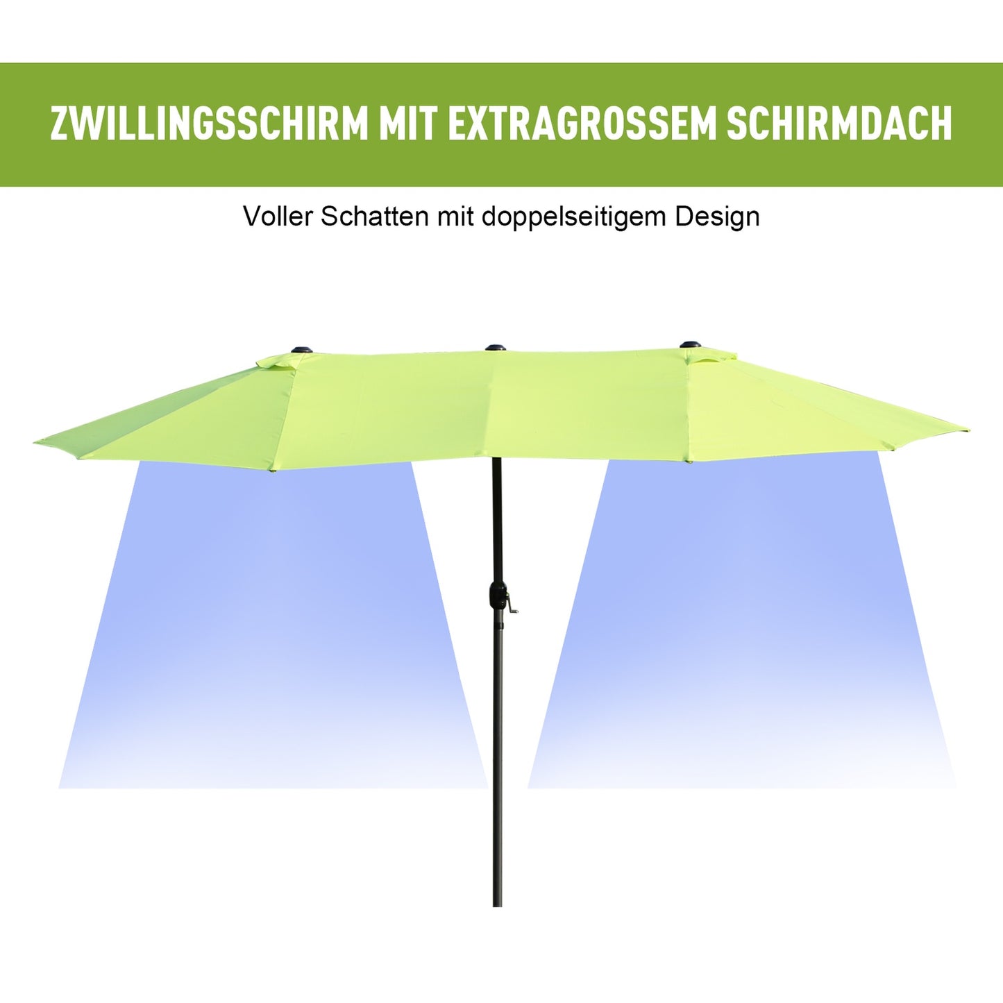 Green Double Parasol Garden Umbrella, Hand Crank, Oval 460x270 Cm