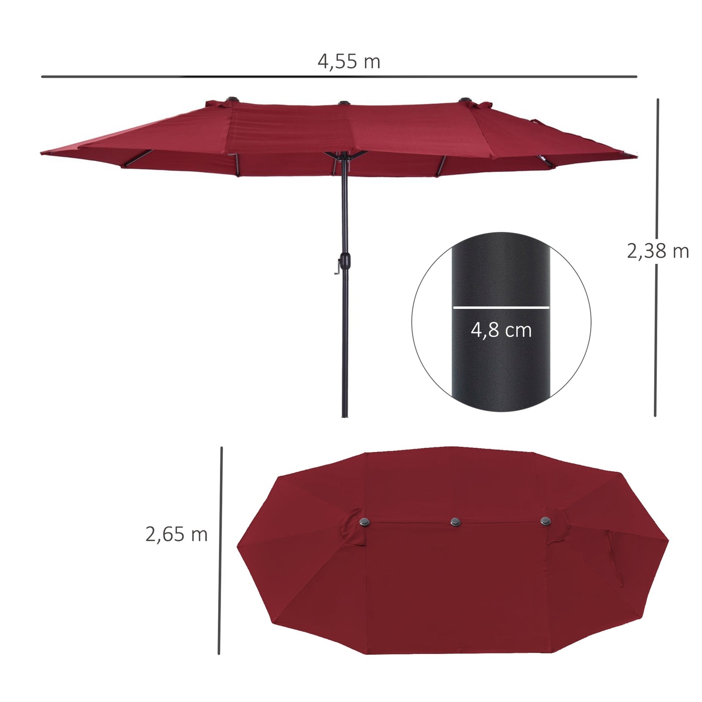 Burgundy Oval Garden Parasol, 460x270x240cm, Hand Crank