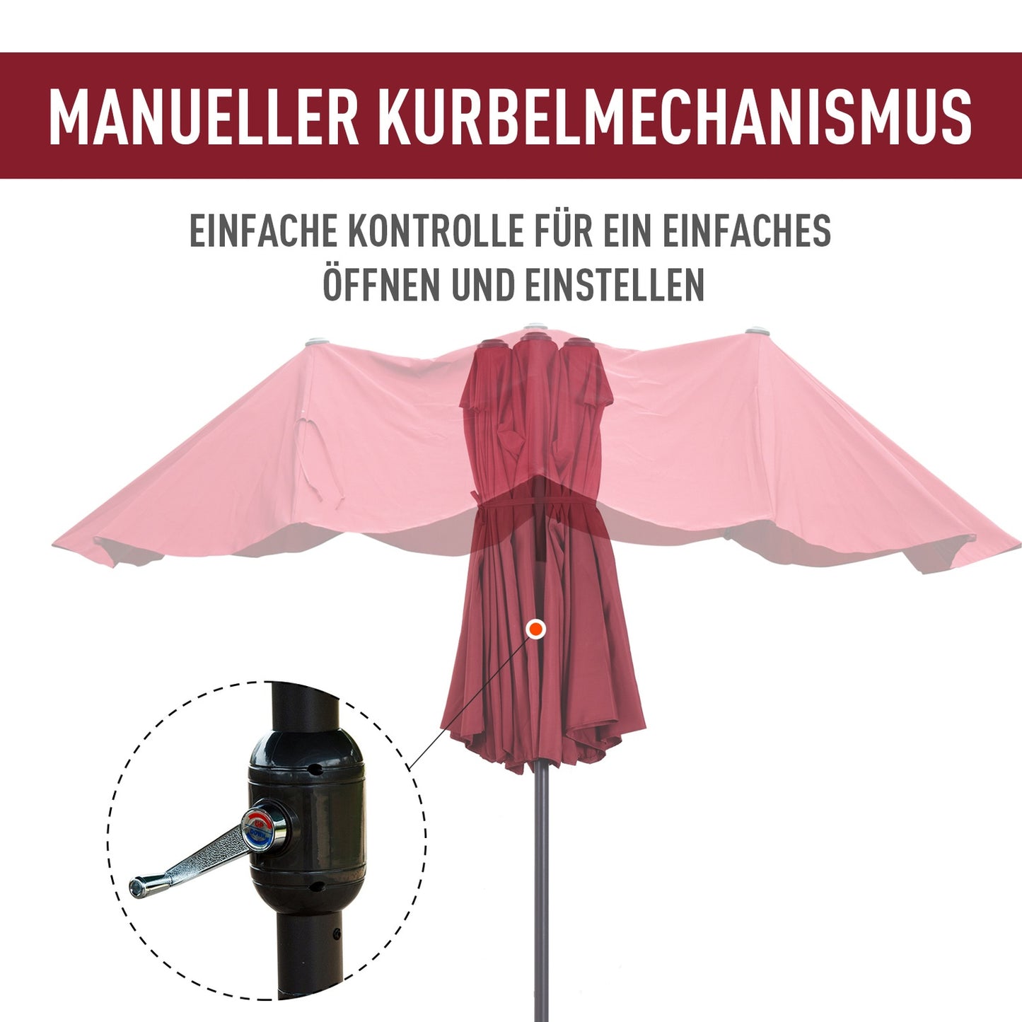 Burgundy Oval Garden Parasol, 460x270x240cm, Hand Crank