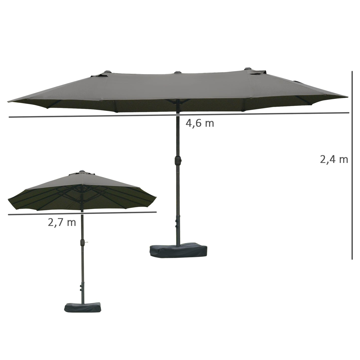 Dark gray oval patio umbrella with stand, 460 x 270 cm
