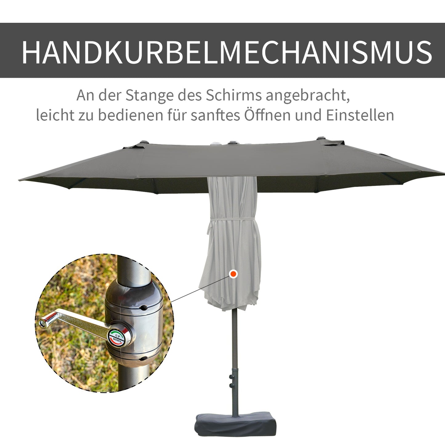 Dark gray oval patio umbrella with stand, 460 x 270 cm