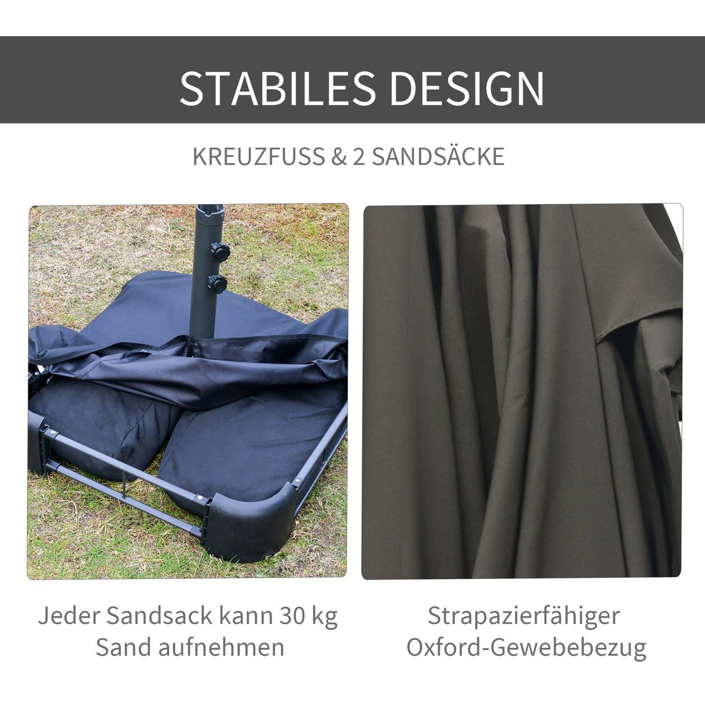 Dark gray oval patio umbrella with stand, 460 x 270 cm
