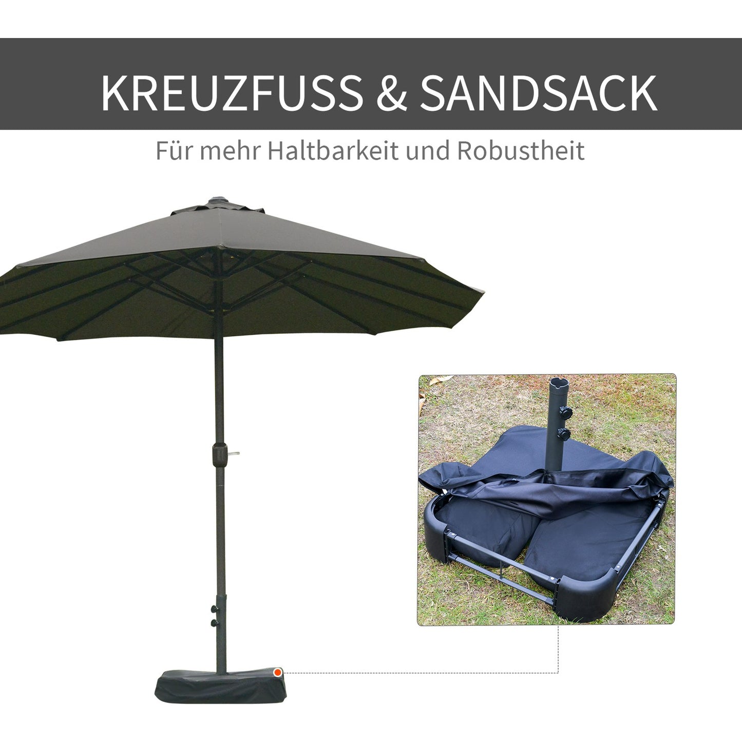 Dark gray oval patio umbrella with stand, 460 x 270 cm