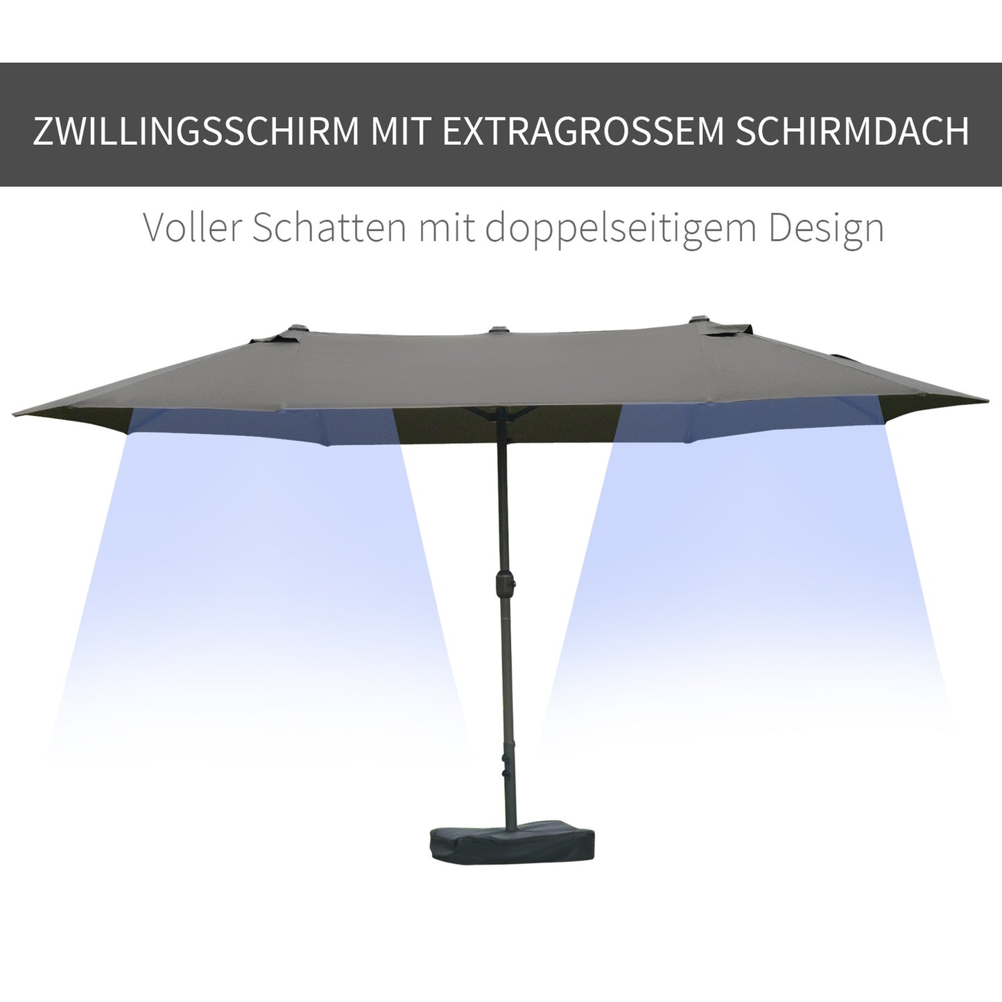 Dark gray oval patio umbrella with stand, 460 x 270 cm