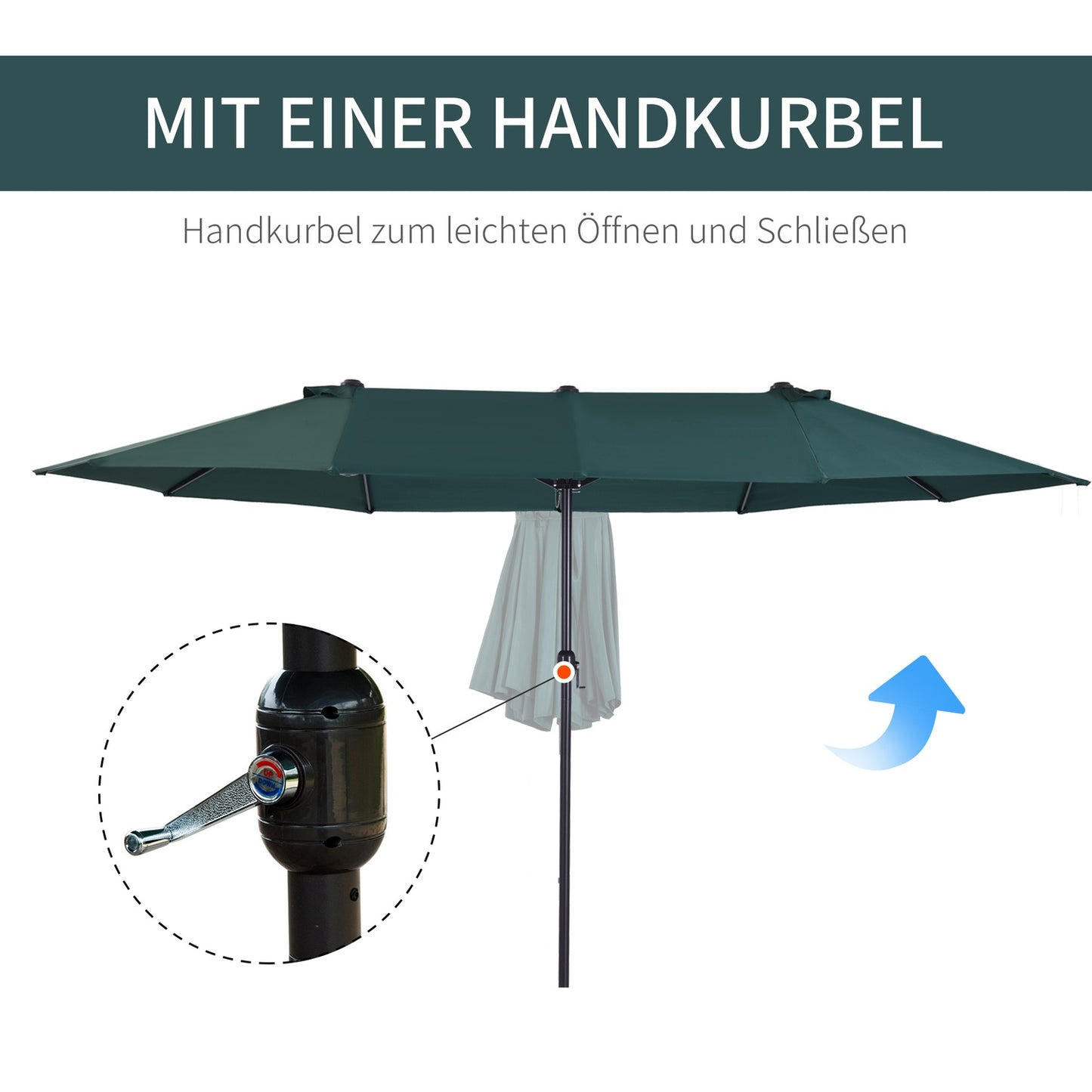 Dark Green Double Patio Garden Umbrella with Stand - 460 x 270 cm