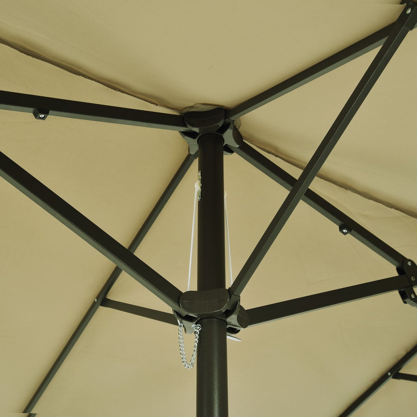 Large oval market umbrella, hand crank, light coffee