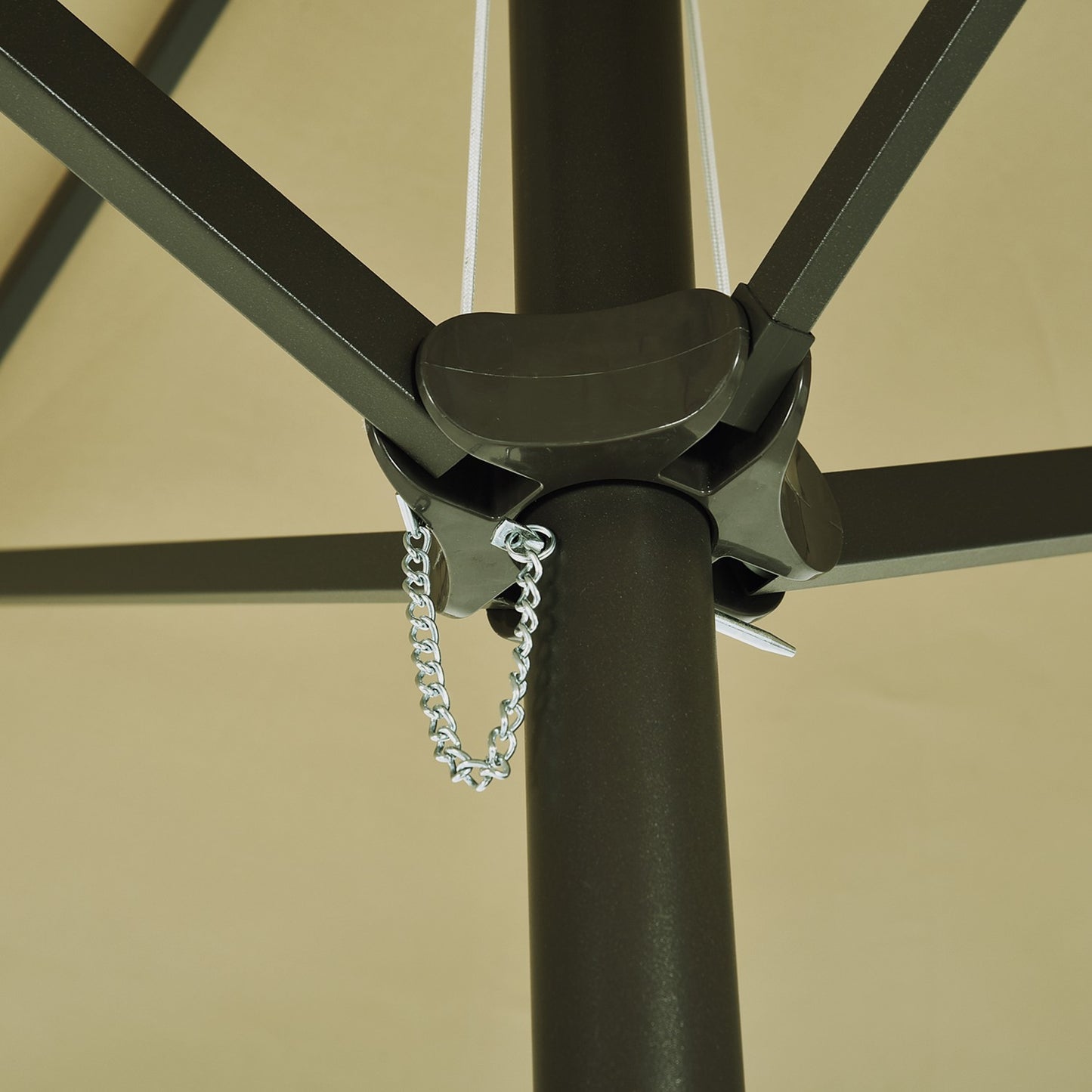 Large oval market umbrella, hand crank, light coffee