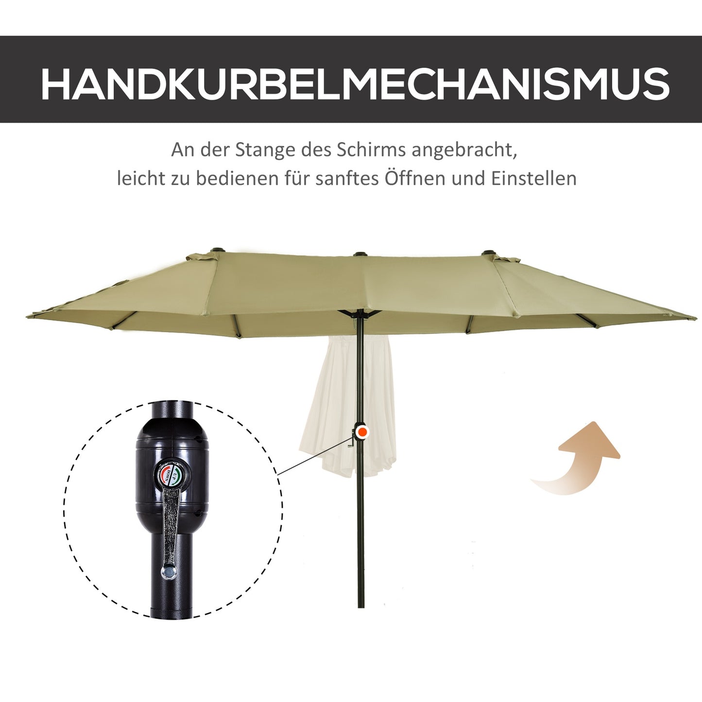 Large oval market umbrella, hand crank, light coffee