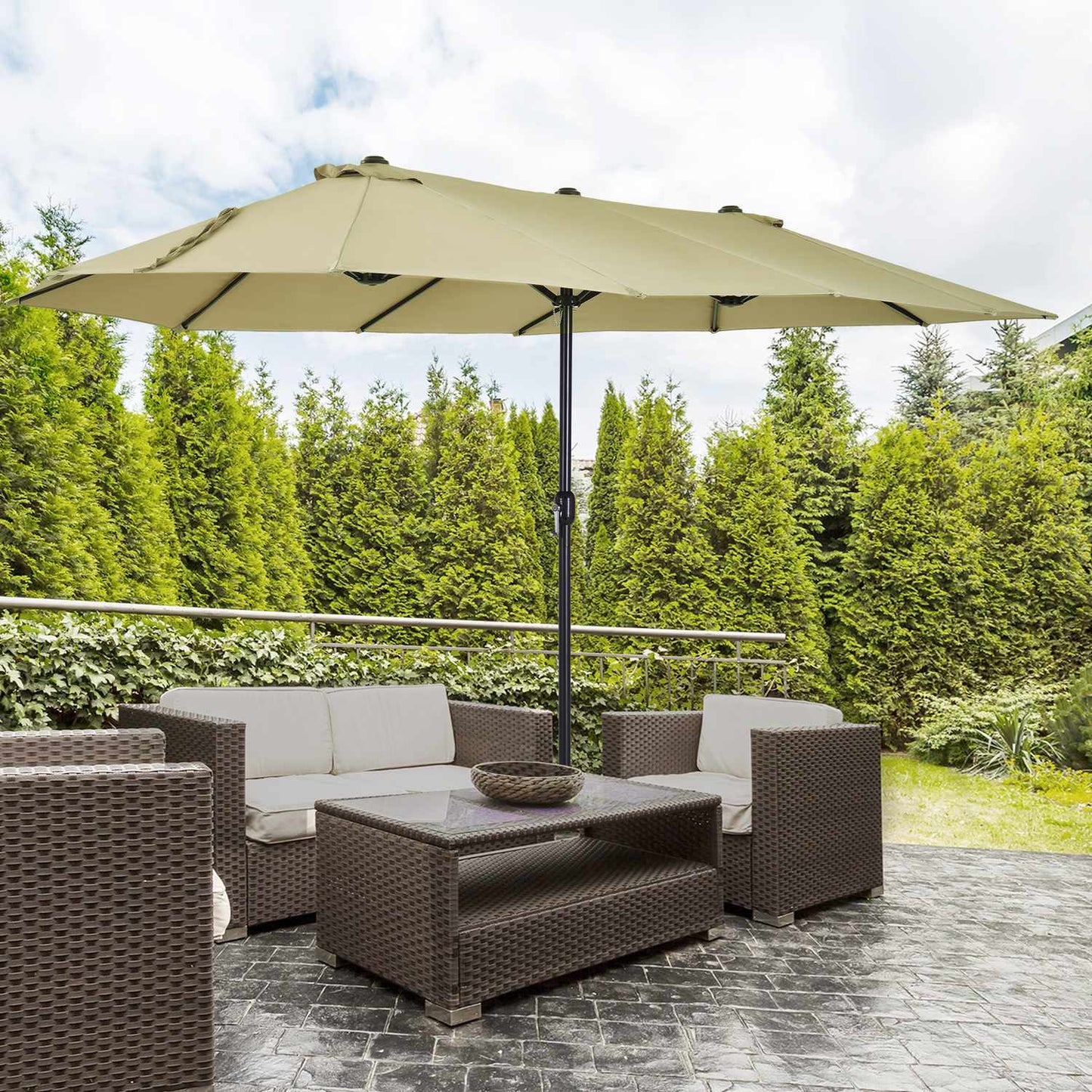 Large oval market umbrella, hand crank, light coffee