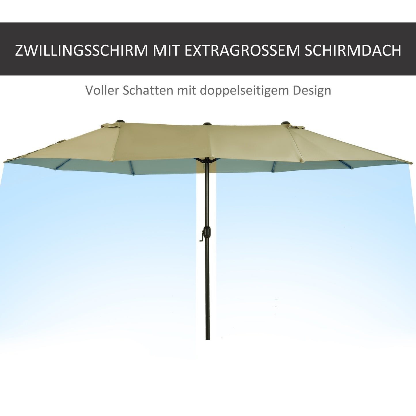Large oval market umbrella, hand crank, light coffee