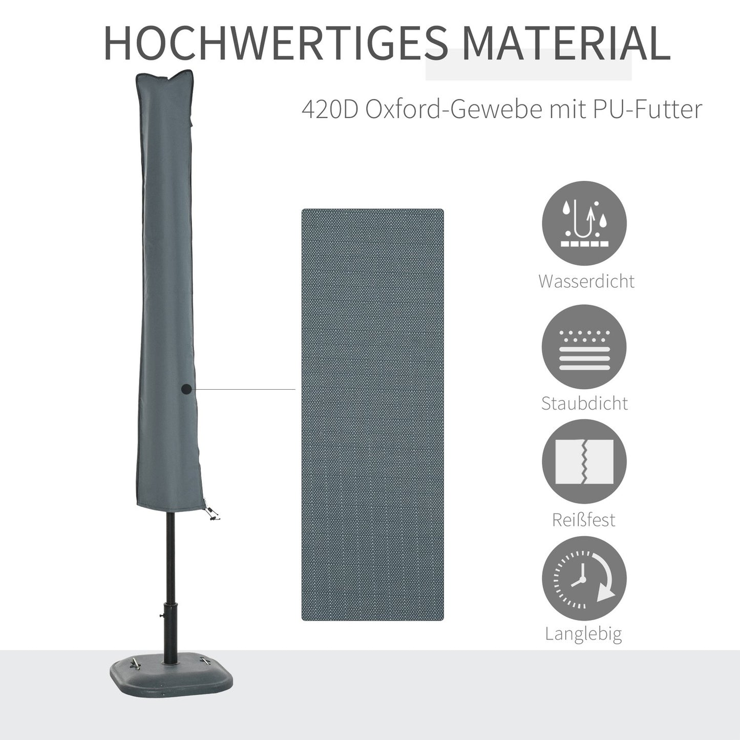 Weatherproof parasol cover with straps, zip, grey, 178x25/35cm