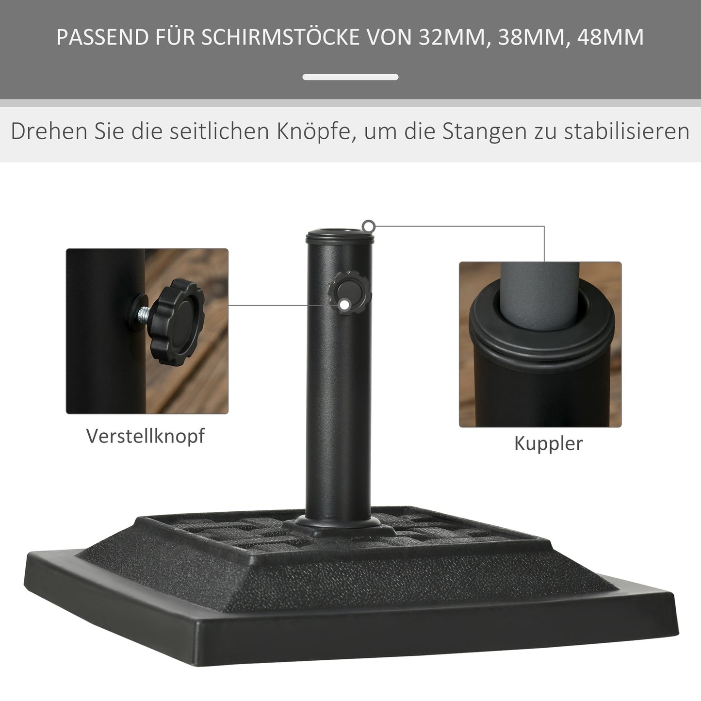 Umbrella stand in black resin, 12 kg, fits 32-48 mm poles