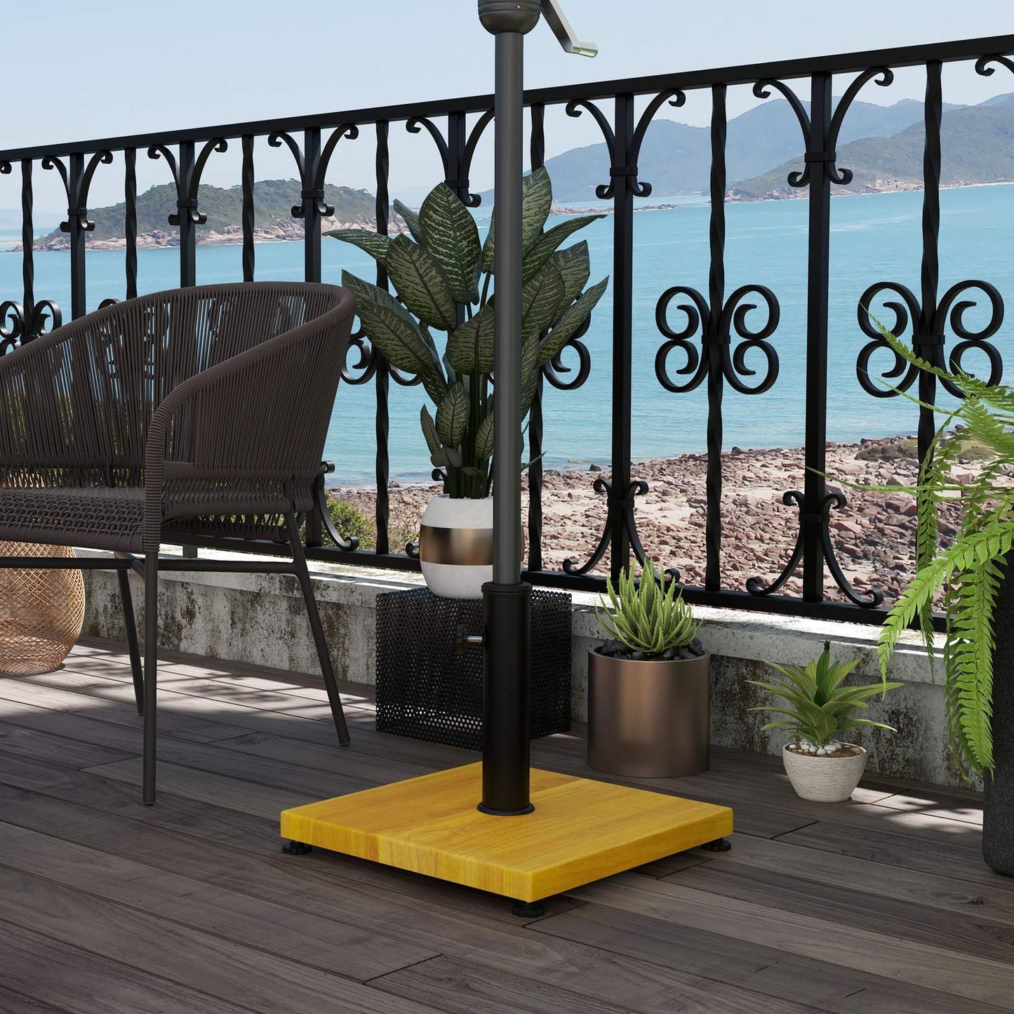 Parasol stand, 25 kg adjustable, wooden look, yellow