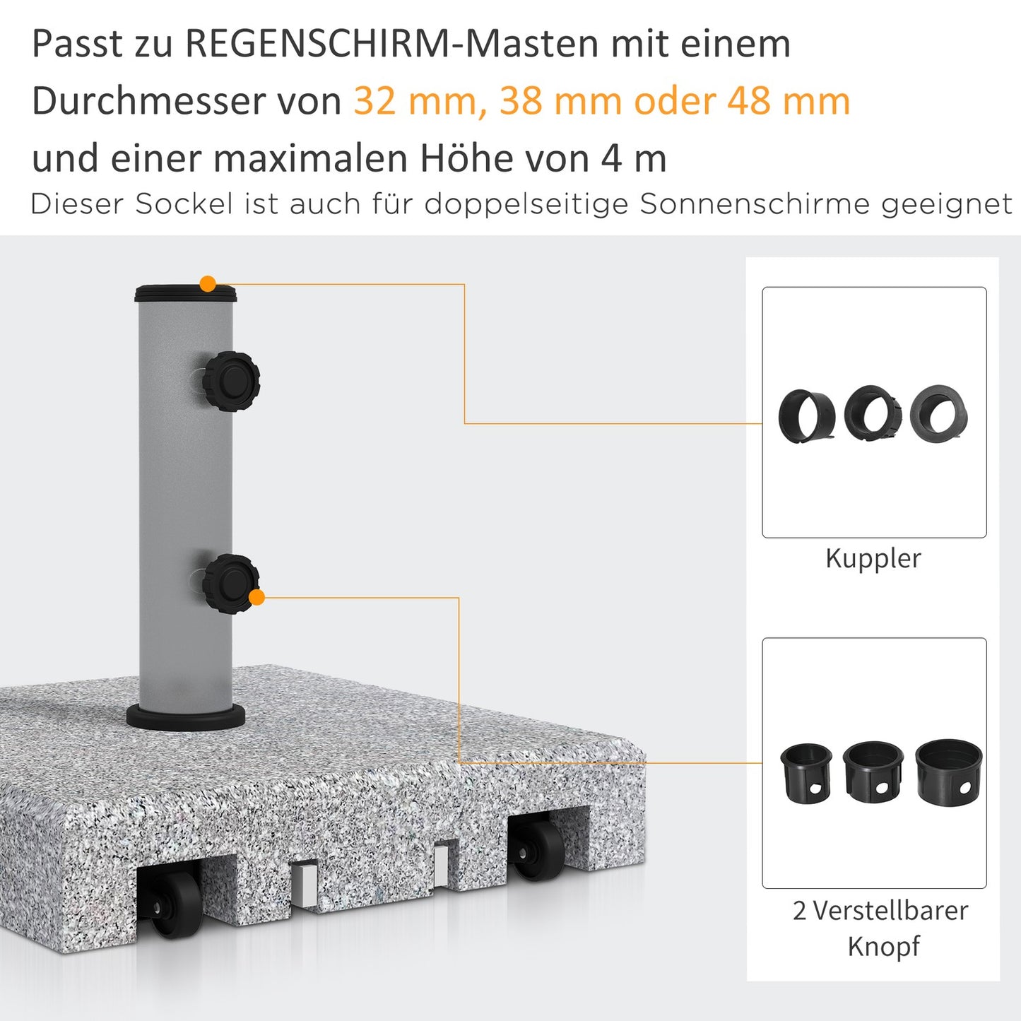 Parasol stand in granite with wheels, 38.5 kg, fits Ø 32-48 mm