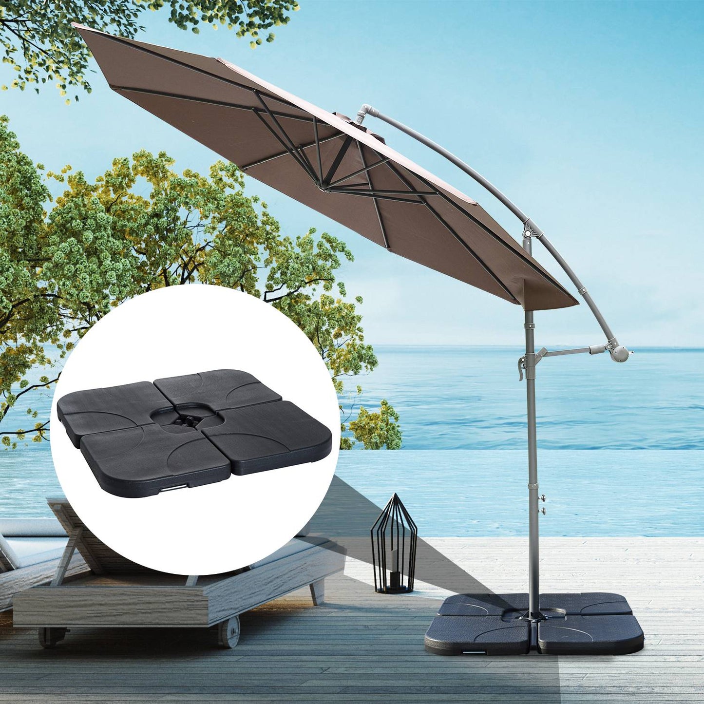 Parasol stand, refillable umbrella base, 4-part, black 50x50 cm