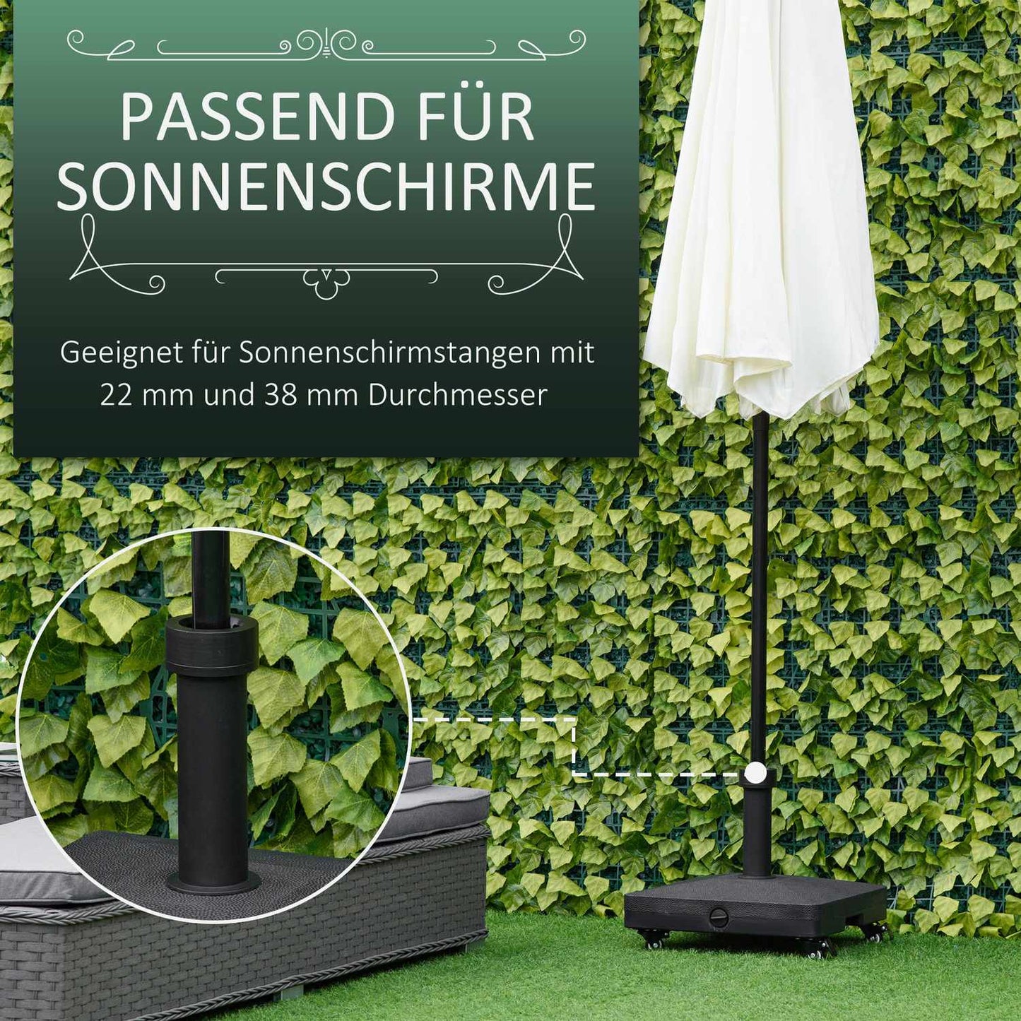 Black Parasol Stand With Wheels, Fits 38/48 mm poles, 45x45 cm