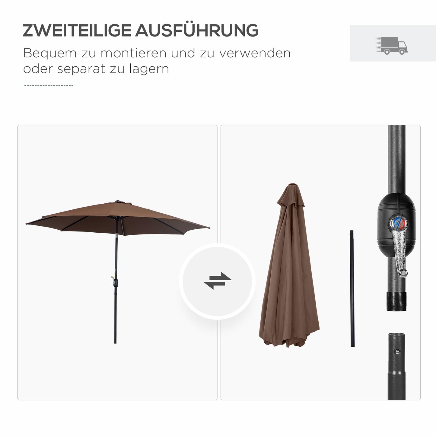 Brown Market Parasol With Crank, Ø2.95m, Durable Polyester