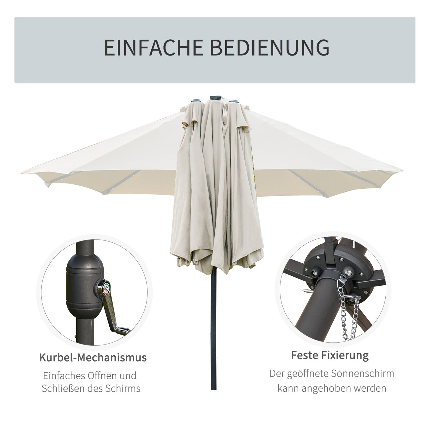 Large oval garden parasol - 440x260cm, LED, Creamy white