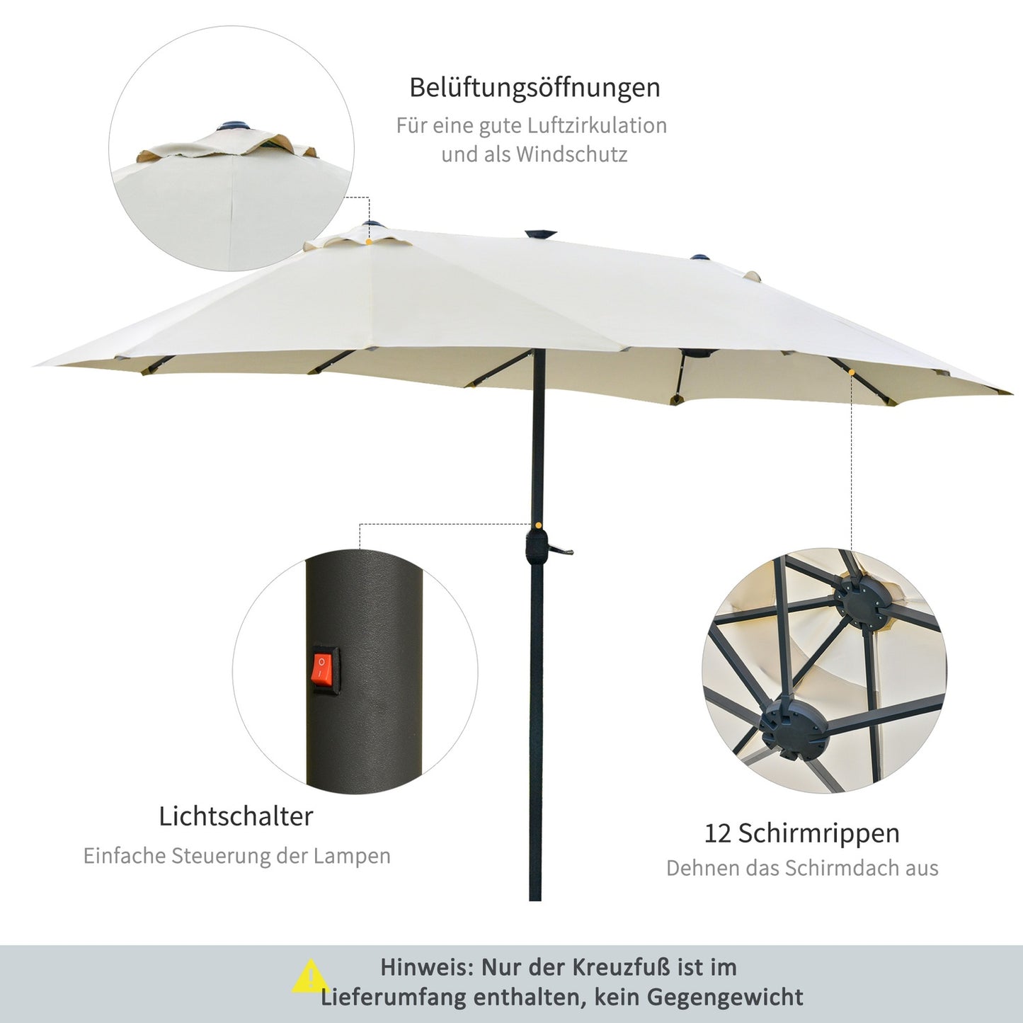 Large oval garden parasol - 440x260cm, LED, Creamy white