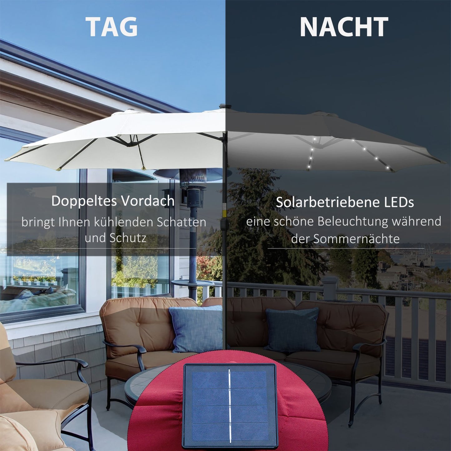 4.5 M double garden parasol with LED - Black & Cream