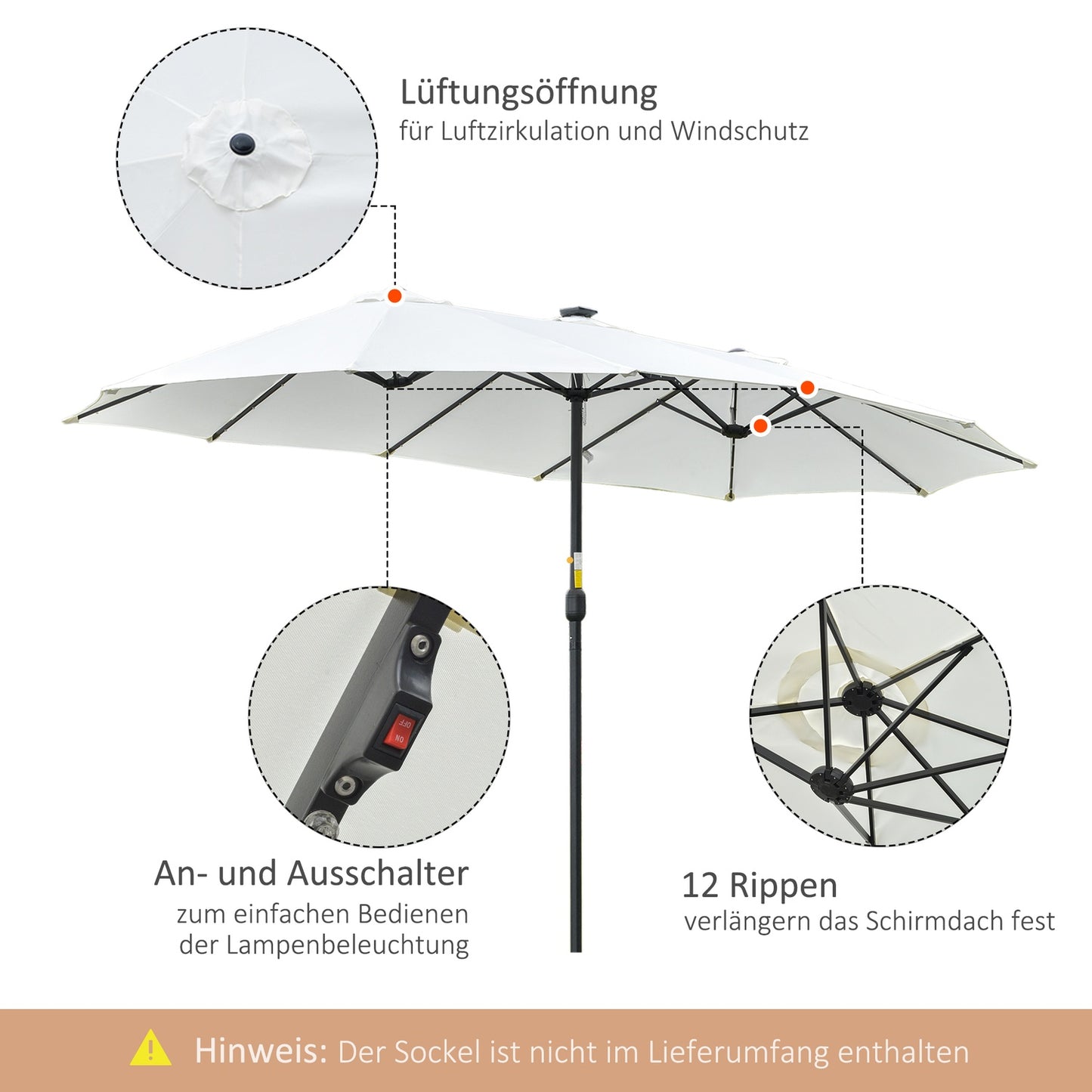 4.5 M double garden parasol with LED - Black & Cream