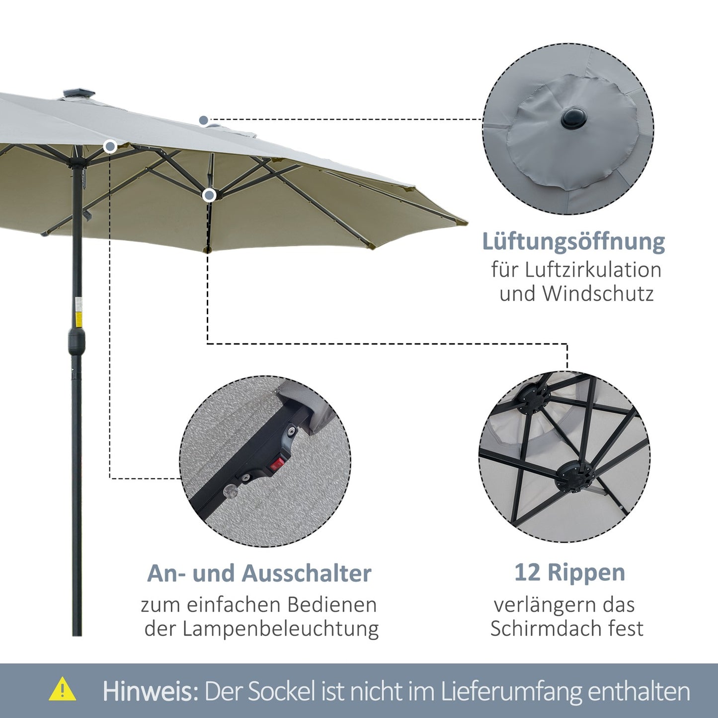 4.5 M Double Parasol With LED, Solar Powered, Light Grey-Black