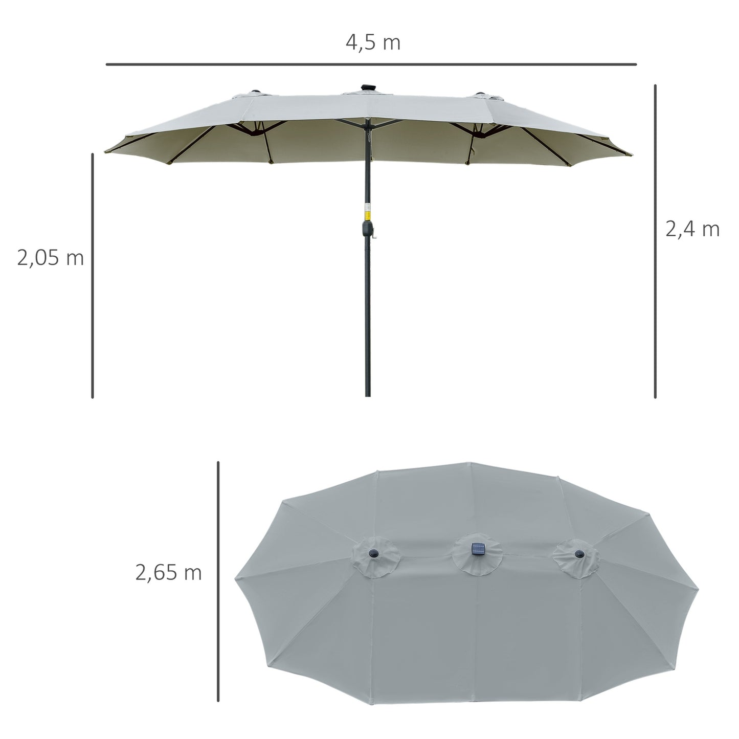 4.5 M Double Parasol With LED, Solar Powered, Light Grey-Black