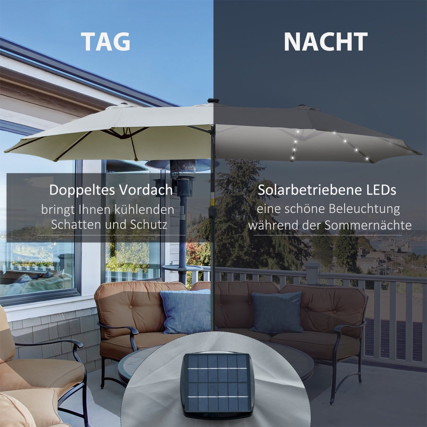 4.5 M Double Parasol With LED, Solar Powered, Light Grey-Black