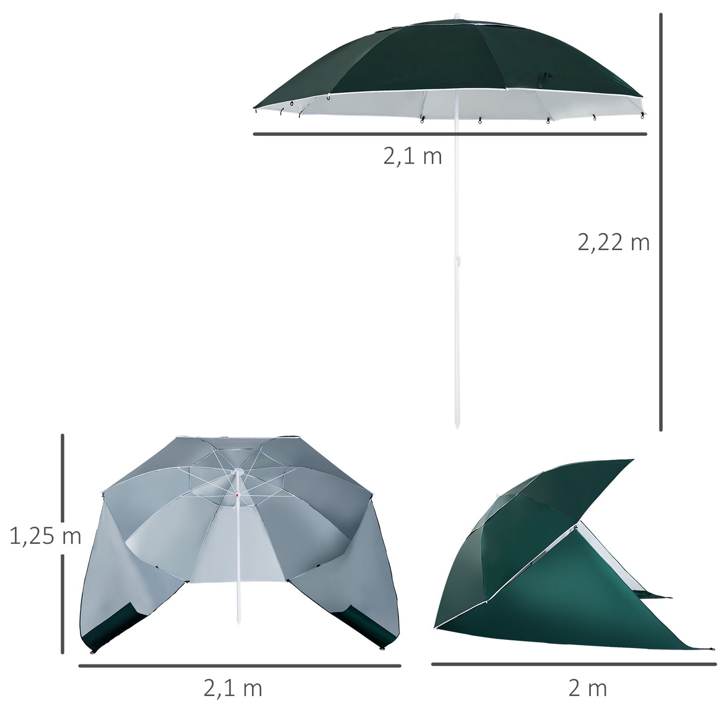 Beach umbrella & cover, windproof, dark green, 210cm