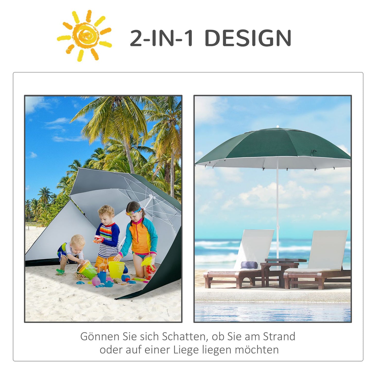 Beach umbrella & cover, windproof, dark green, 210cm