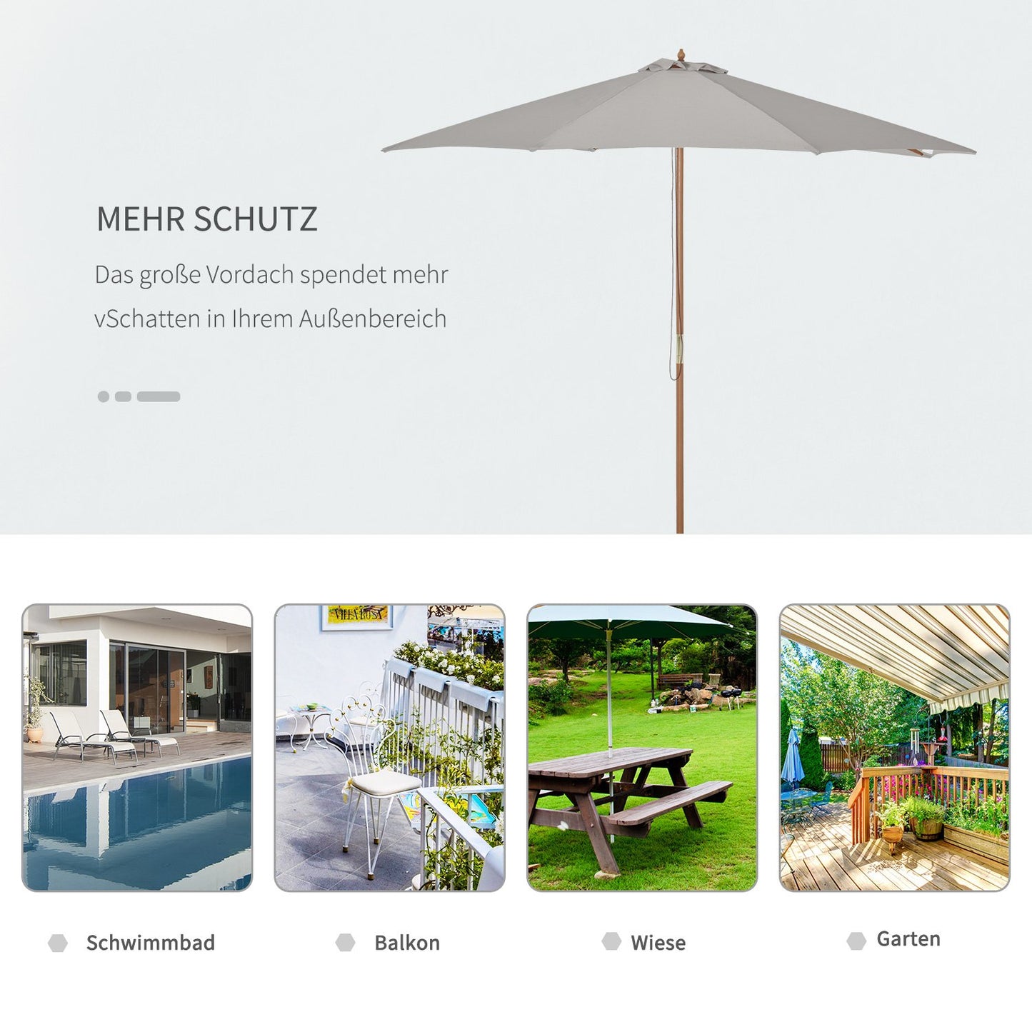 Wooden Parasol, 300 Cm Garden & Balcony Parasol, Grey