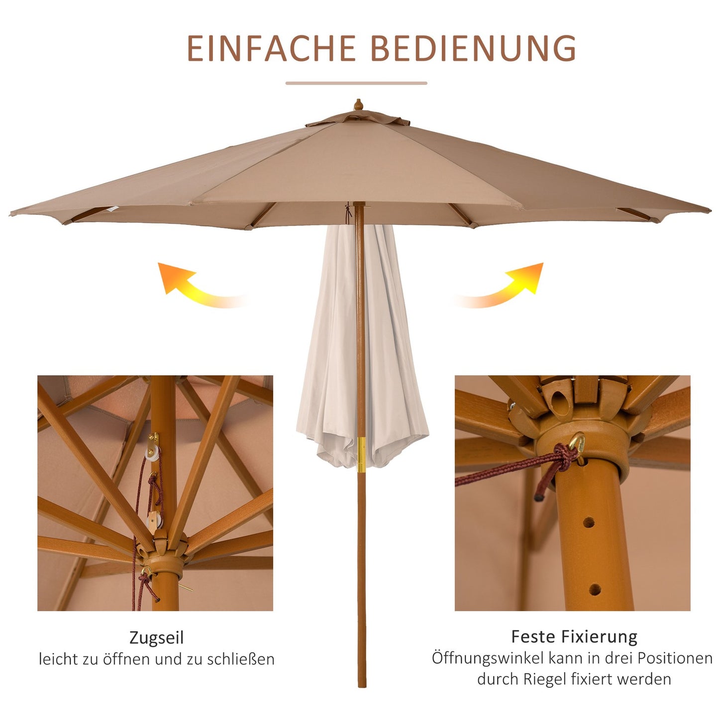 Wooden patio umbrella, 300 cm, Bamboo frame, Khaki