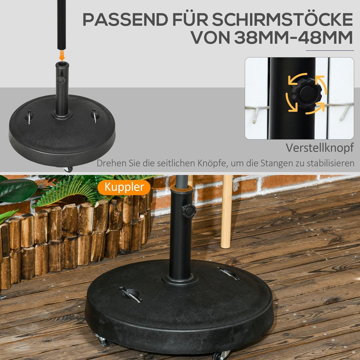 Mobile umbrella stand with wheels, 23.5 kg, black