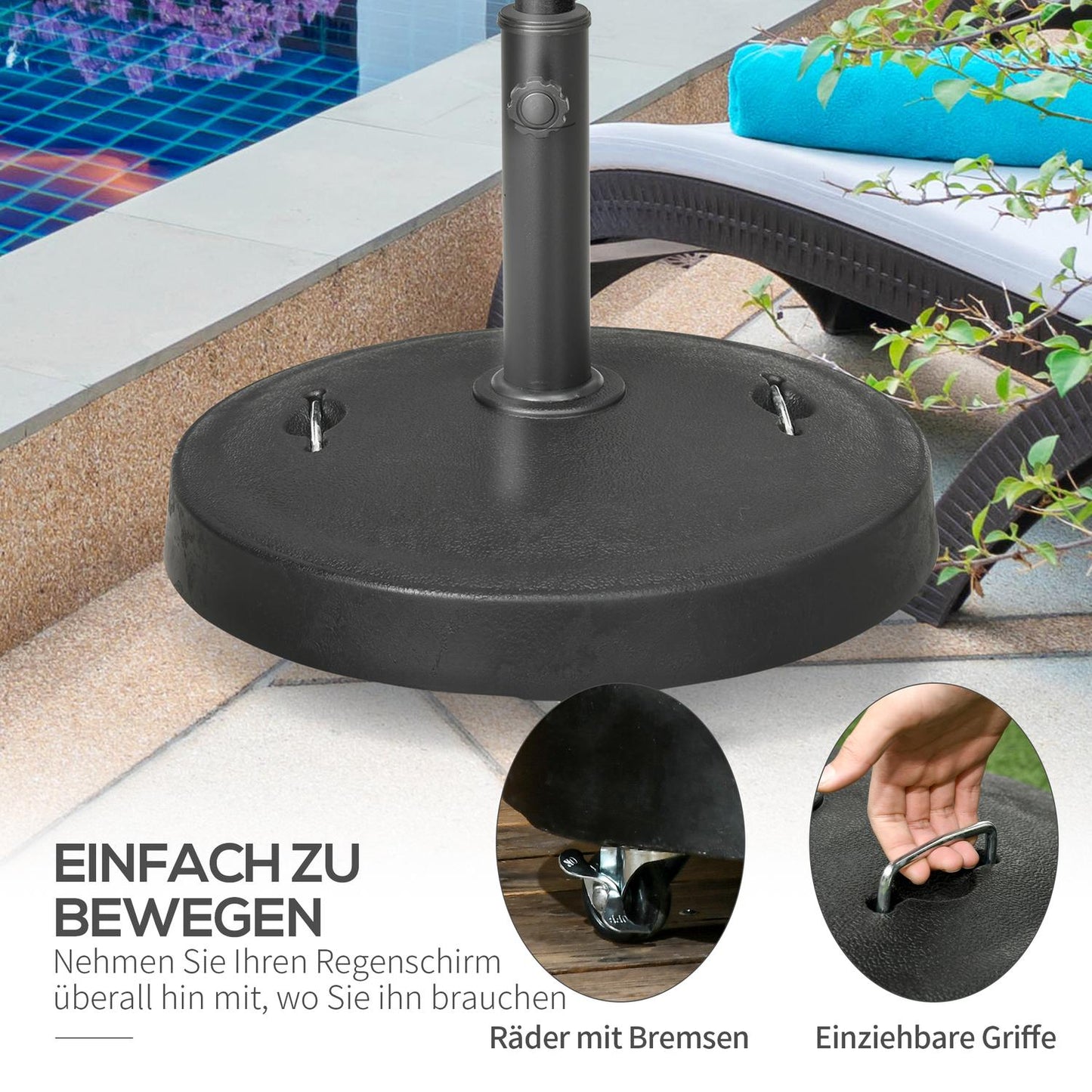 Mobile umbrella stand with wheels, 23.5 kg, black