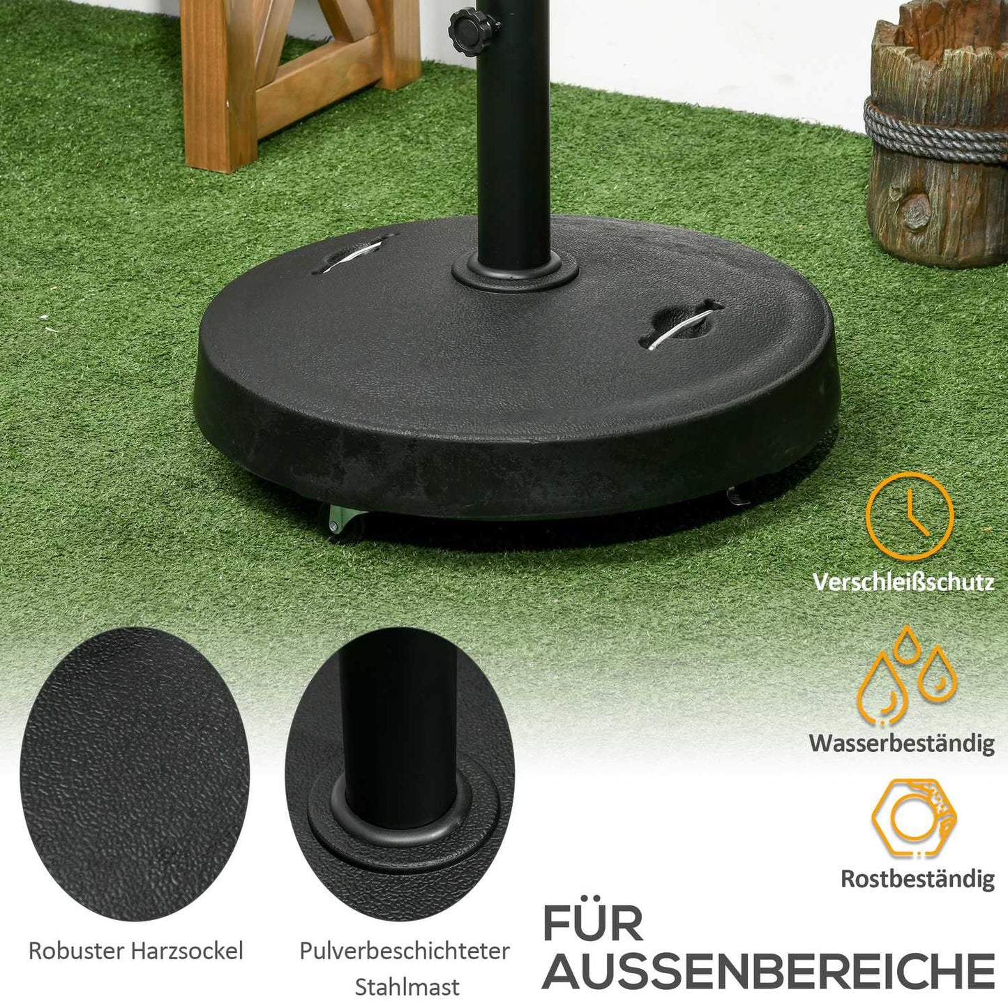 Mobile umbrella stand with wheels, 23.5 kg, black