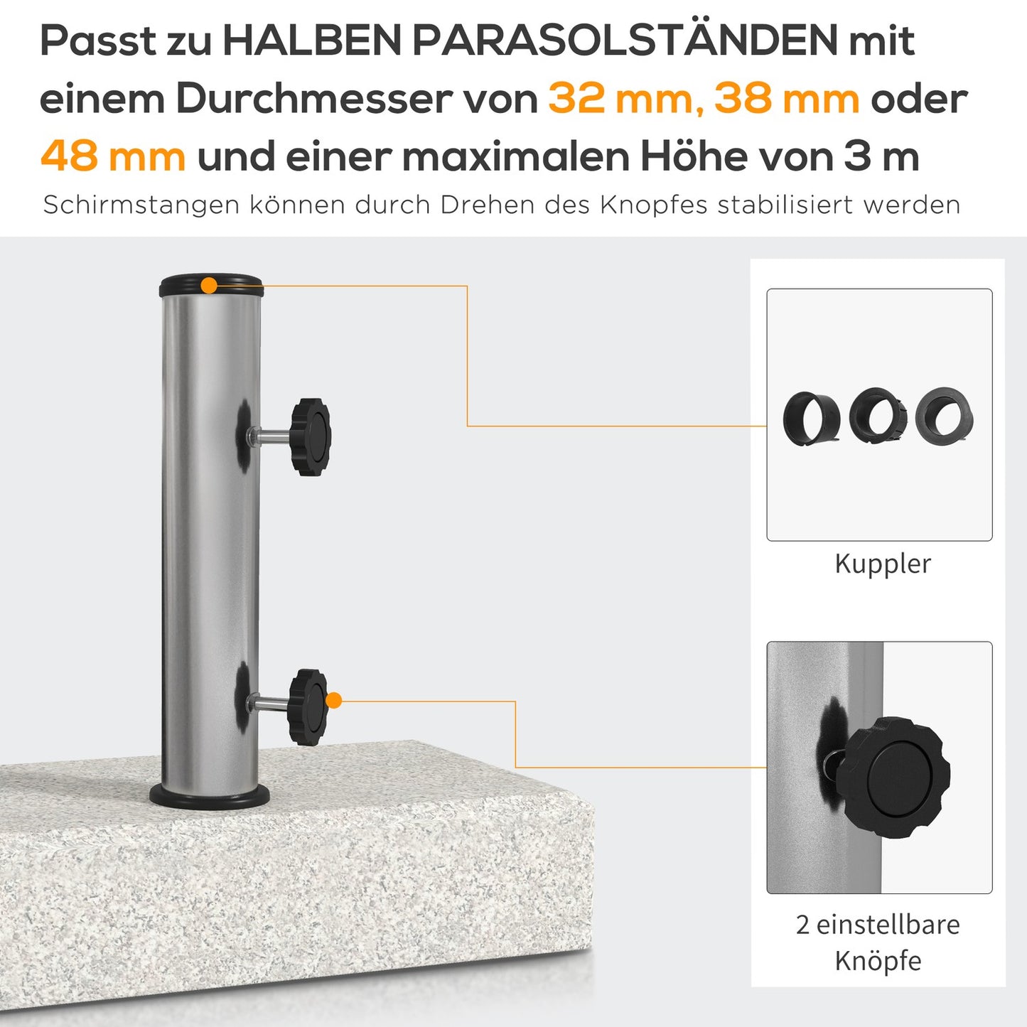 Semi-round parasol base, granite, 25 kg, fits 32-48 mm poles