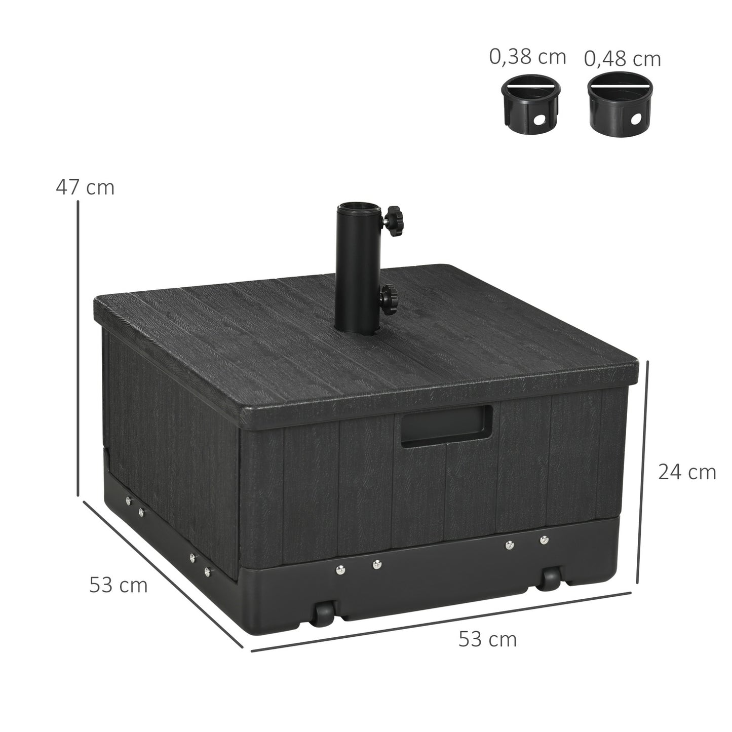 Parasol base stand, 3-in-1 table with wheels, fits 38/48mm poles
