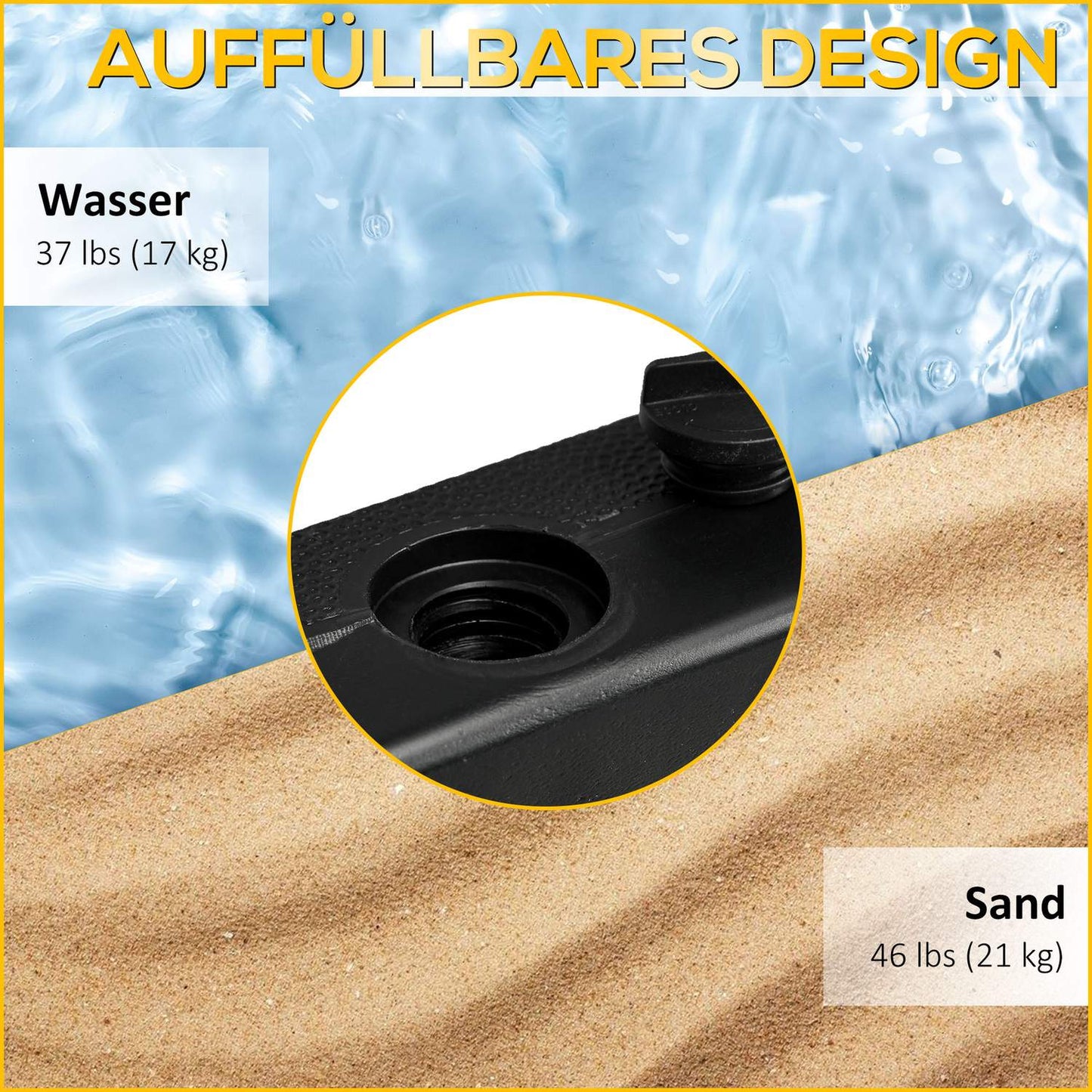 Black parasol stand with wheels, 21kg Capacity, Fits 24-38mm