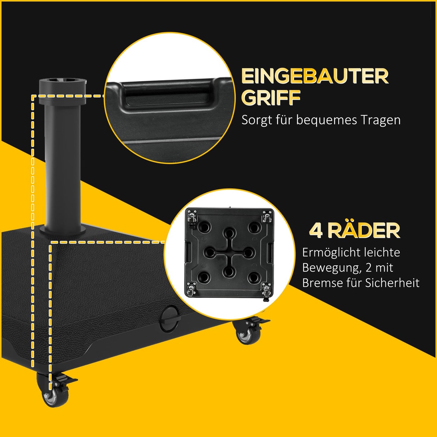 Black parasol stand with wheels, 21kg Capacity, Fits 24-38mm