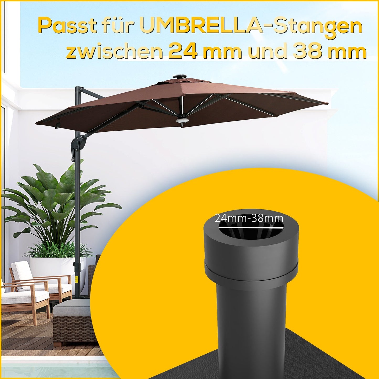 Black parasol stand with wheels, 21kg Capacity, Fits 24-38mm