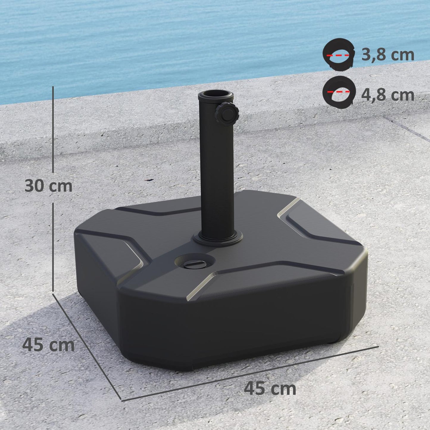 Square umbrella stand, 25 kg refillable base, 38/48 mm tube
