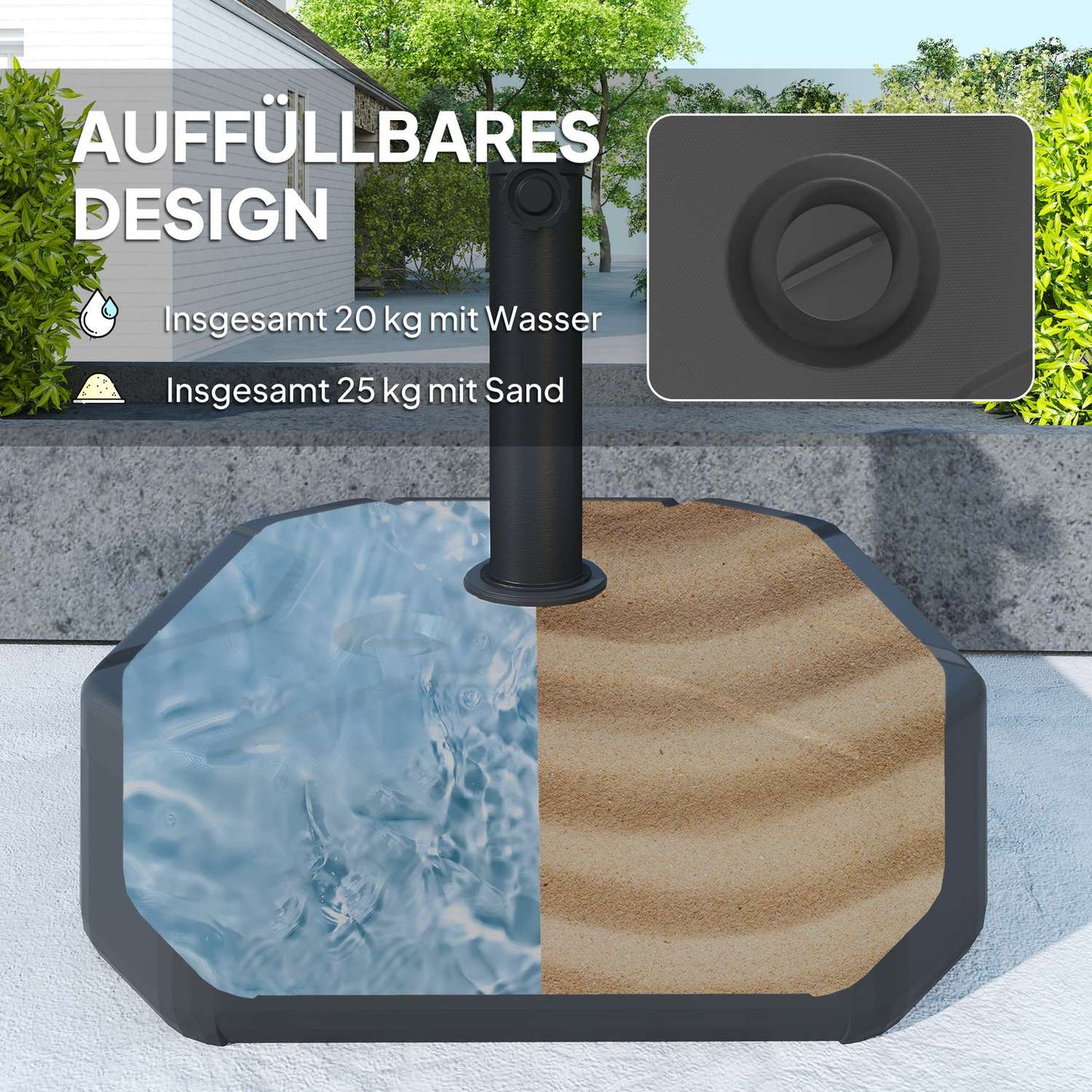 Square umbrella stand, 25 kg refillable base, 38/48 mm tube