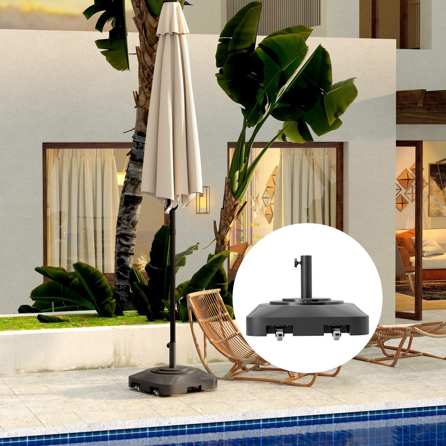Parasol stand with wheels - square, 25 kg, black