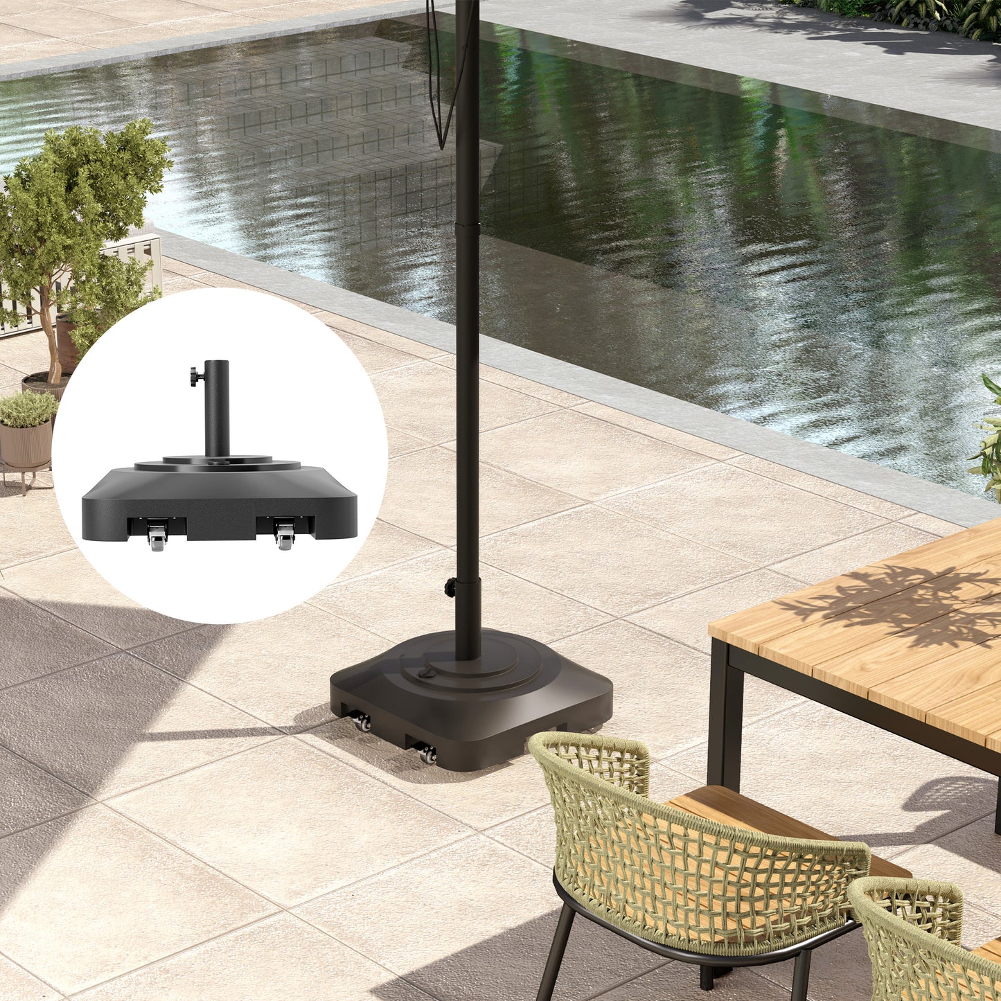Parasol stand with wheels - square, 25 kg, black