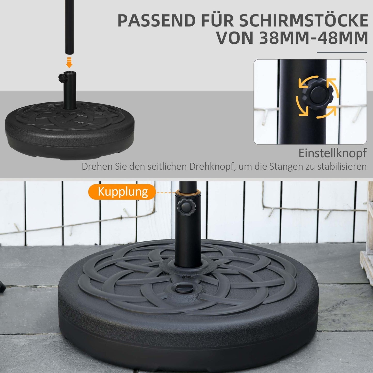 Parasol stand for balcony & garden - 35 kg, round, black