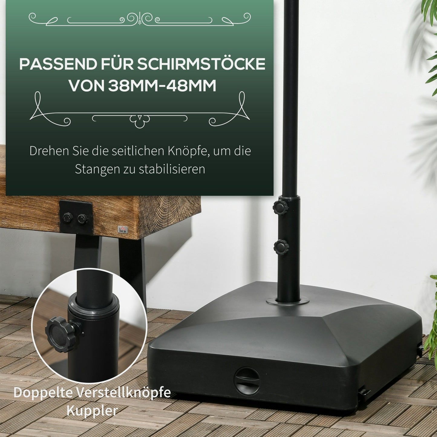 Parasol stand with wheels, fits Ø38/48mm posts, 43kg/60kg filling