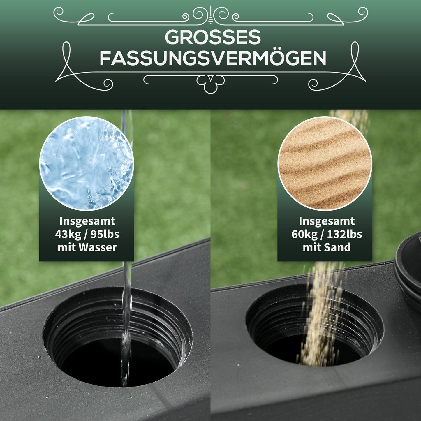 Parasol stand with wheels, fits Ø38/48mm posts, 43kg/60kg filling